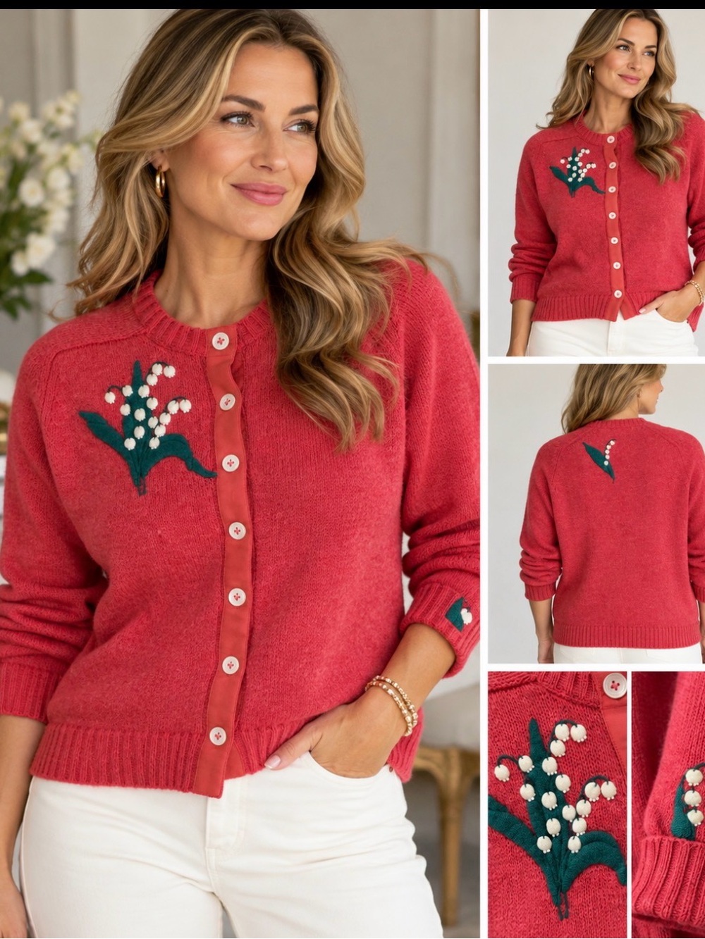 Vintage Lee Collins Cardigan Sweater L Lily of the Valley Floral Appliqué